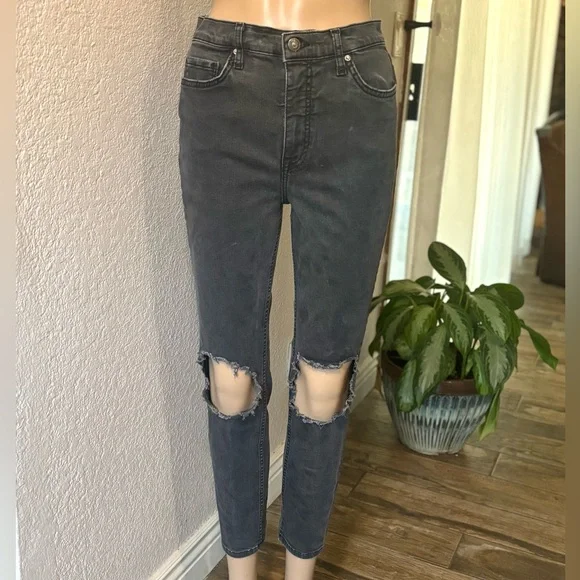FREE PEOPLE Charcoal Black High-Waisted Distressed Skinny Jeans - Picture 2 of 7